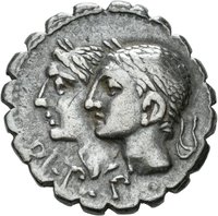 Denar serratus des C. Sulpicius mit Darstellung der Penaten